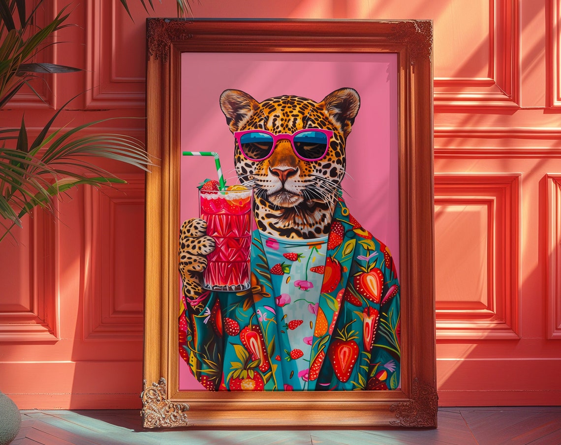 Leopard in Pink Sunglasses Sipping a Strawberry Cocktail Poster