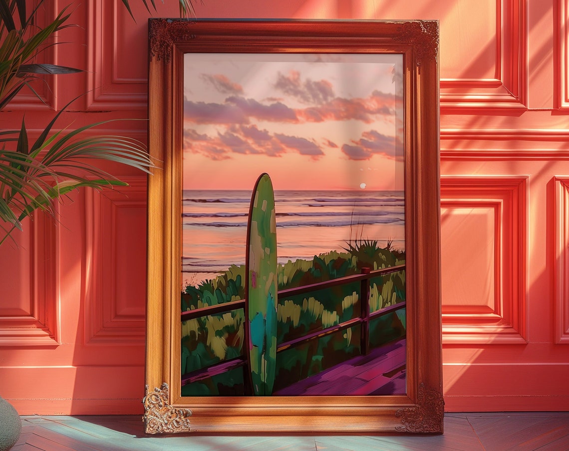 Surfboard Sunset Beach Ocean Dune Fence Serene Travel Poster