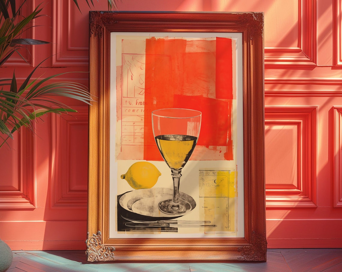 White Wine Lemon Retro Still Life Kitchen Collage Art Poster