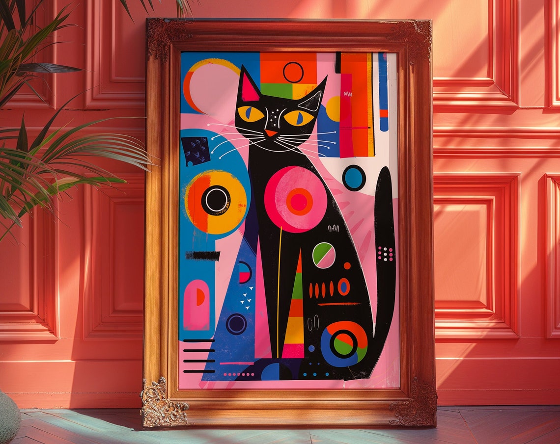 Black Cat Geometric Shapes Colorful Abstract Modern Art Poster