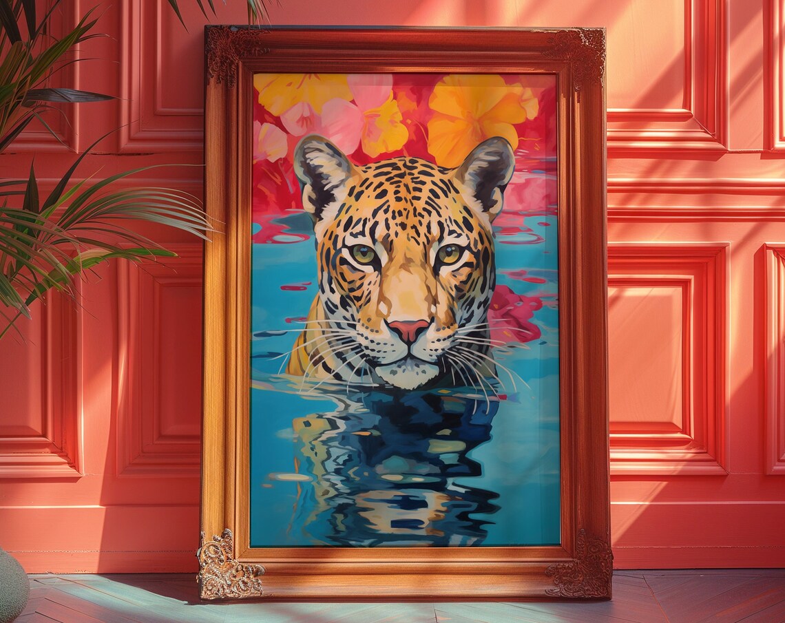 Jaguar Swimming Blue Water Close Up Wildlife Portrait Art Poster