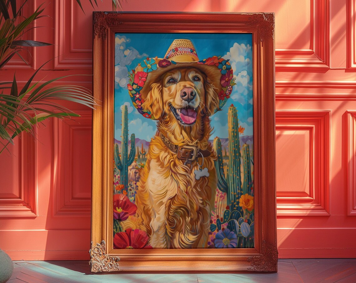 Golden Retriever in a Flower Sombrero Desert Cactus Scene Poster