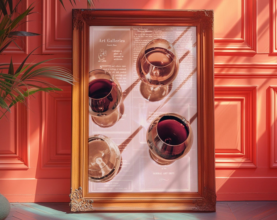 Pink Newspaper Collage with Floating Red Wine Glasses Poster