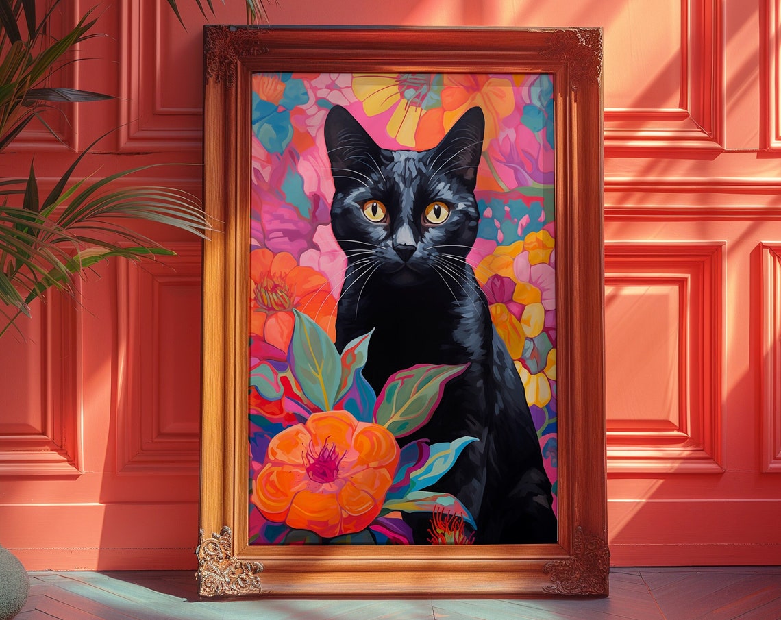 Black Cat Floral Portrait Tropical Blooms Maximalist Art Poster