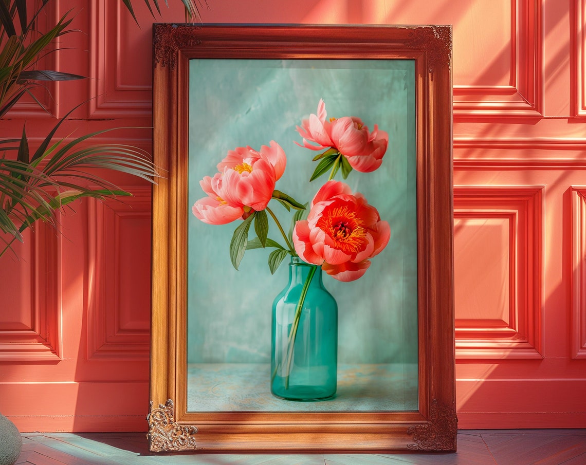 Pink Peonies Teal Vase Soft Floral Still Life Botanical Poster