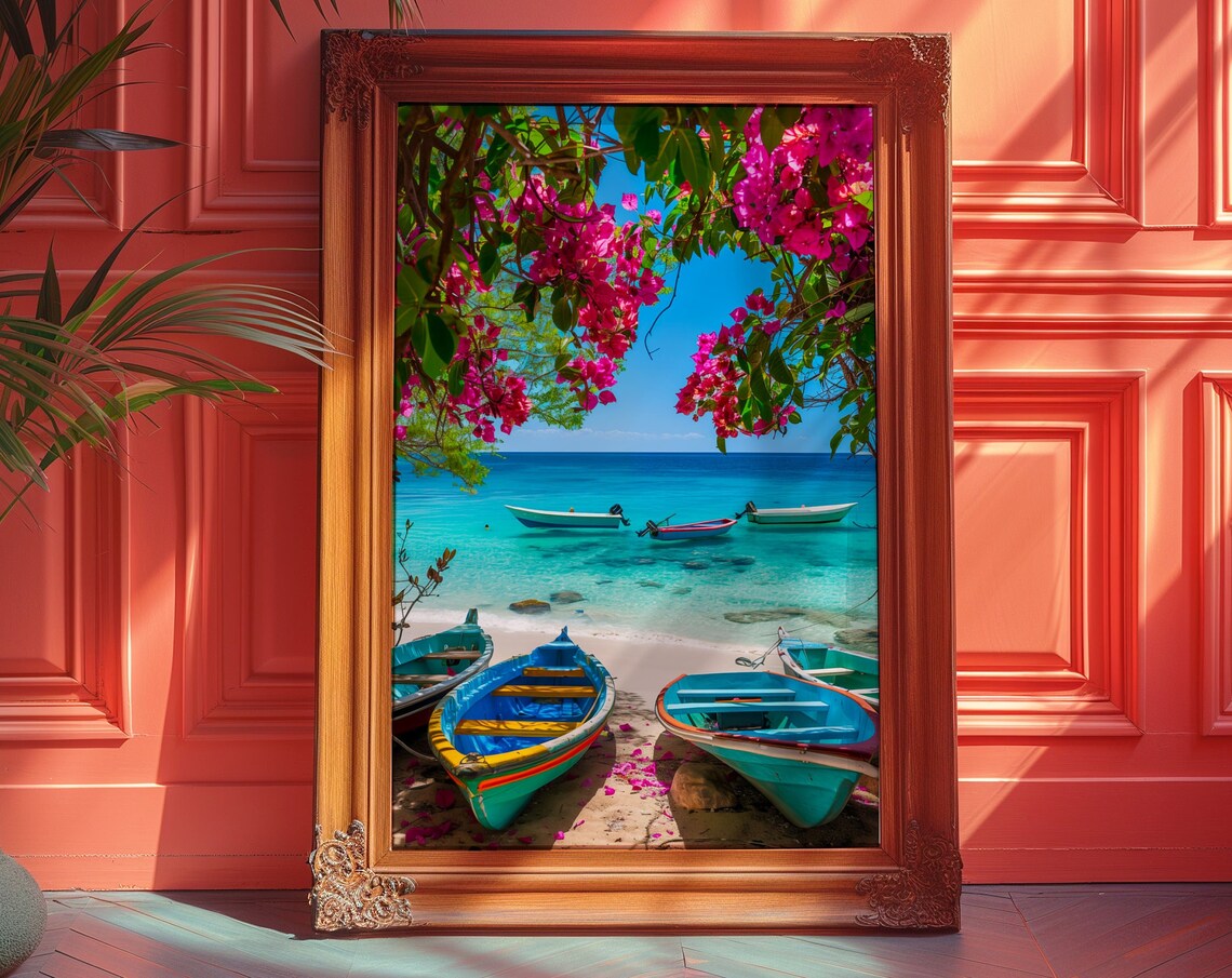 Tropical Beach with Colorful Boats and Bougainvillea Summer Poster