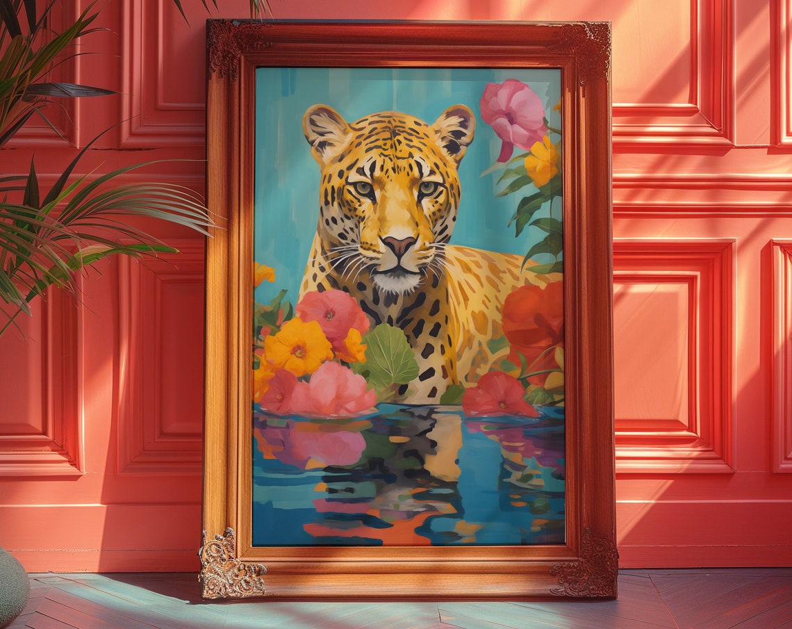 Leopard Tropical Flowers Water Reflection Wildlife Art Poster