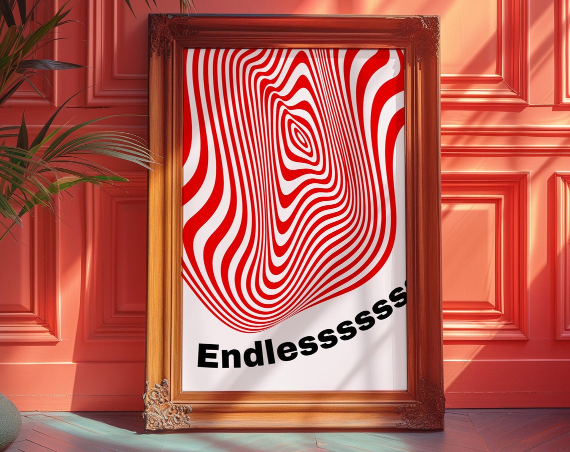 Endless Retro Red Line Art Poster with Psychedelic Wavy Pattern