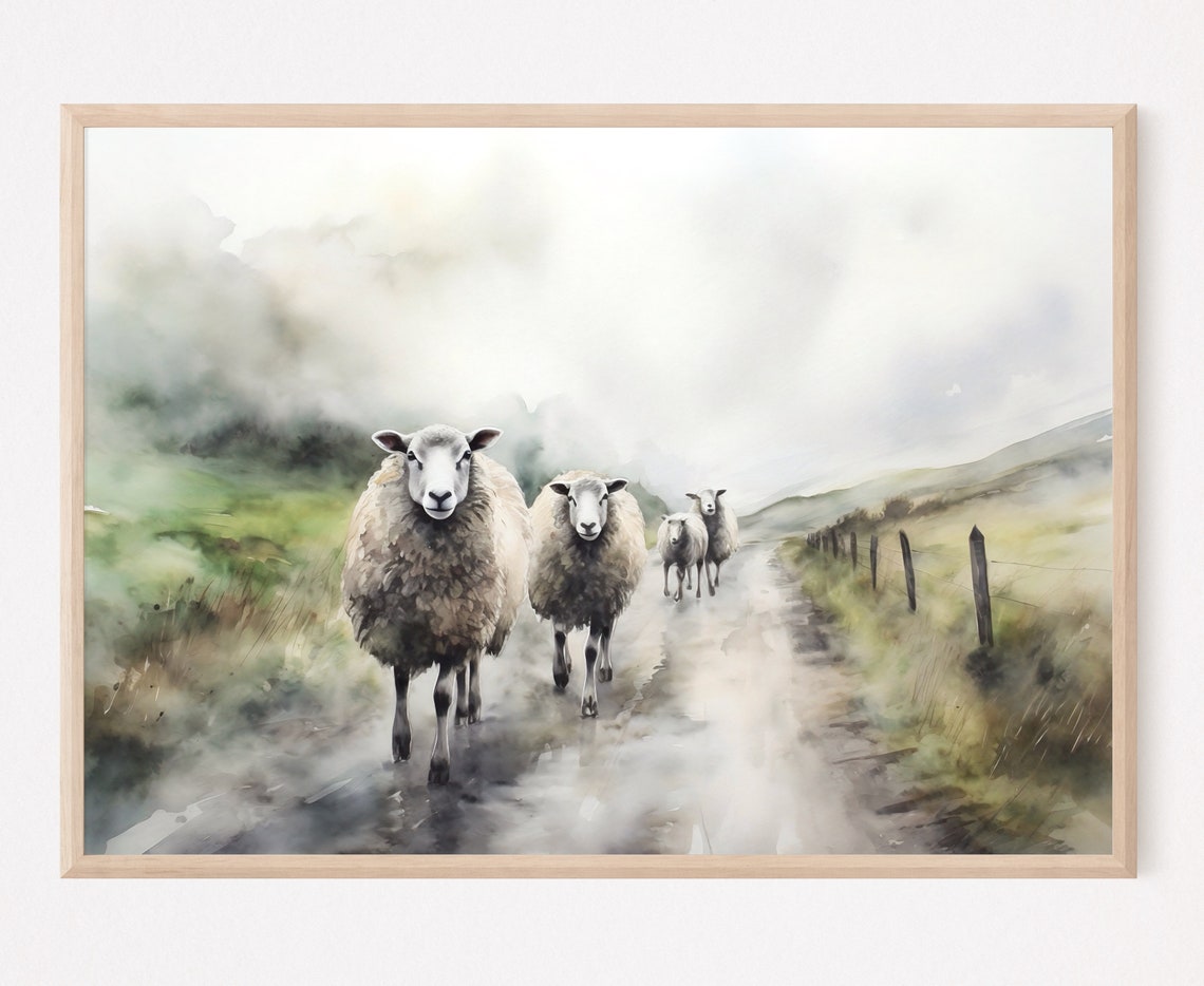 Irish Sheep Misty Country Lane Rustic Farm Animals Watercolor Poster