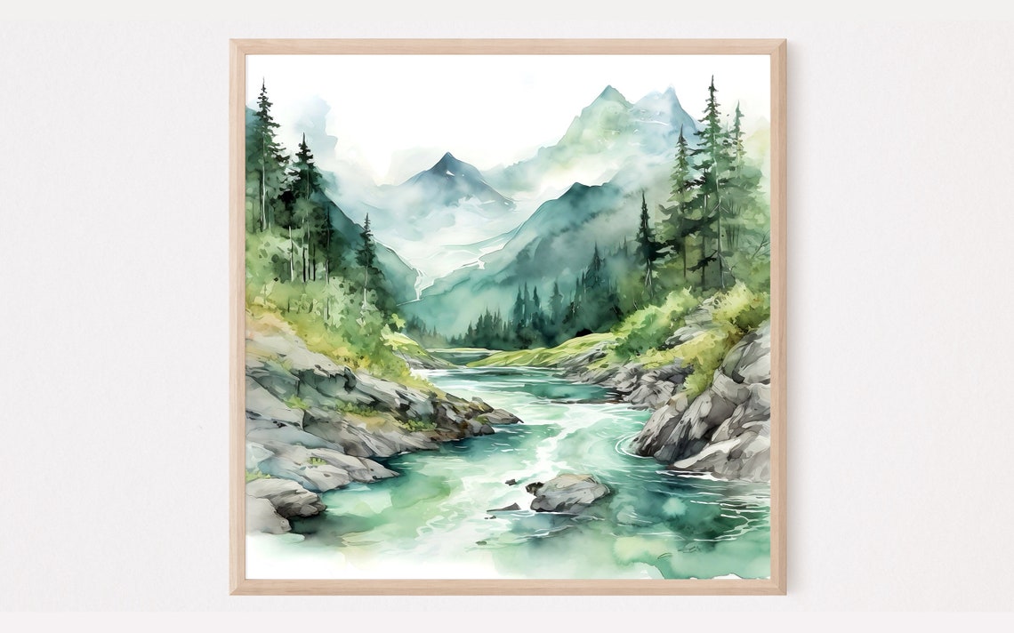 Turquoise Mountain River Watercolor with Forest and Peaks Poster - Image 3