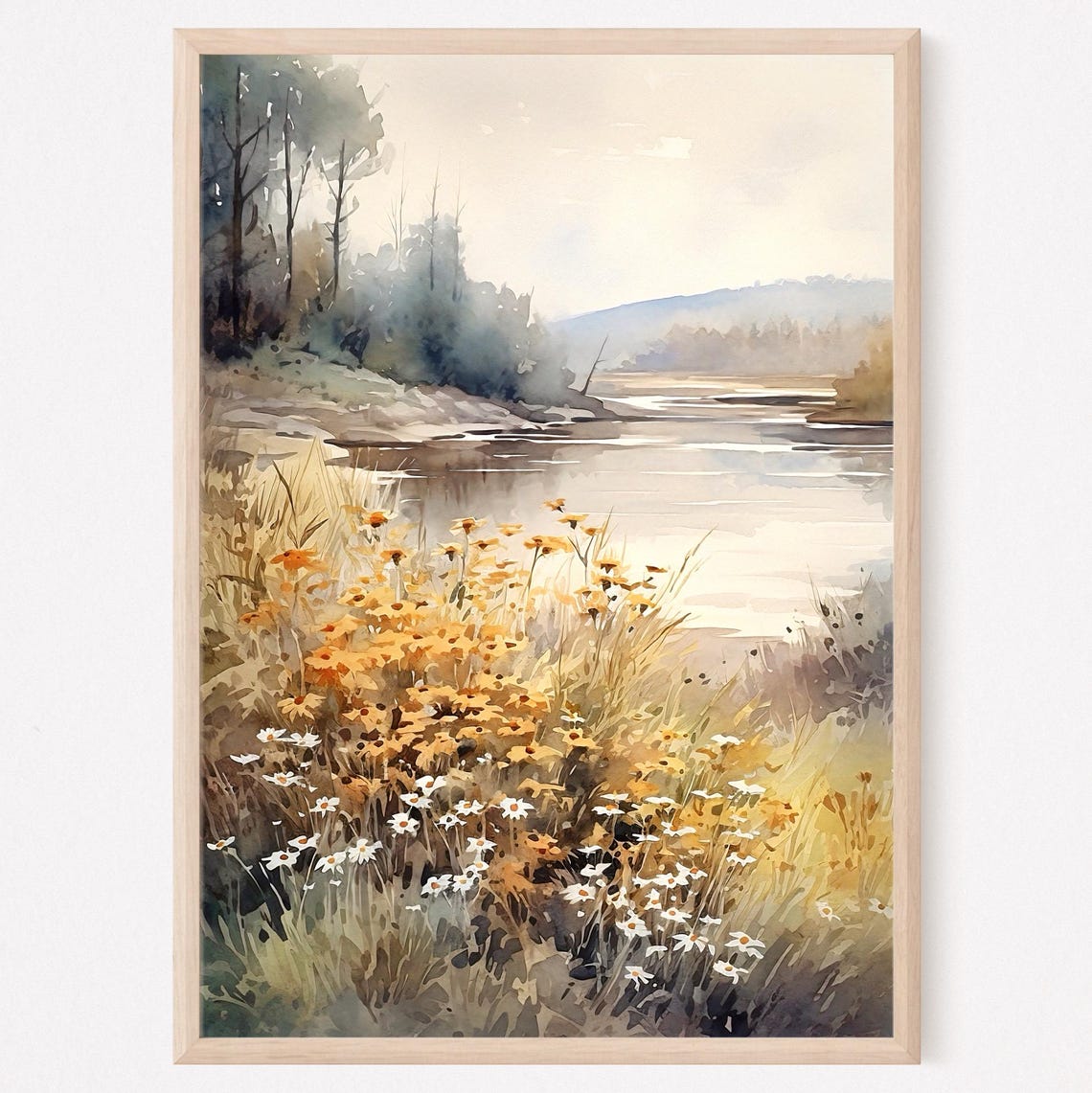 Golden Meadow Wildflowers Beside a Quiet River Watercolor Poster