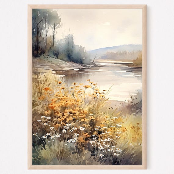 Rural Landscape Painting Print Meadow Rural River Wall Art Neutral Home Decor Gift