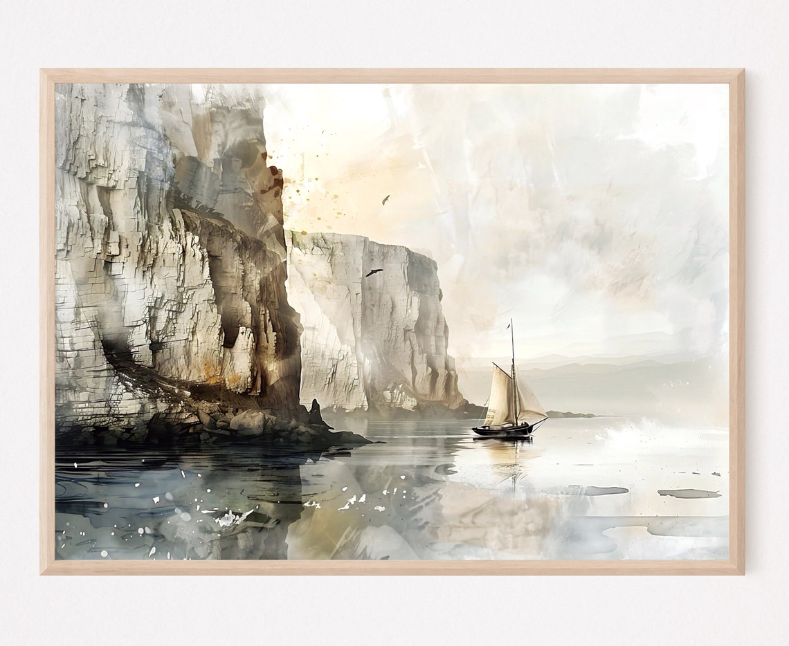 White Chalk Cliffs Sailboat Calm Sea Watercolor Coastal Poster