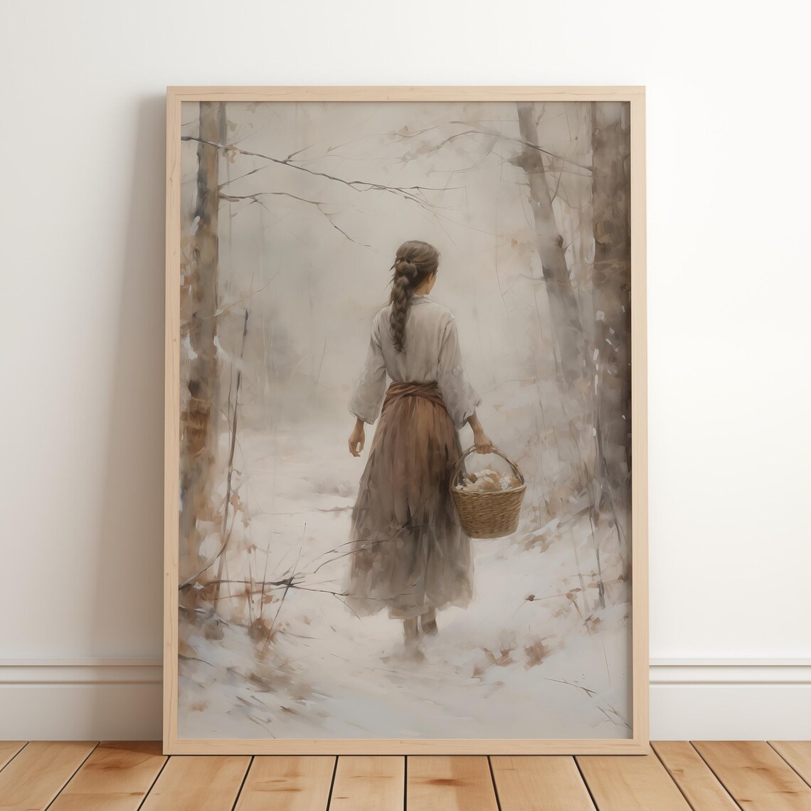 Woman Walking Snowy Forest with Basket Soft Watercolor Art Poster - Image 3