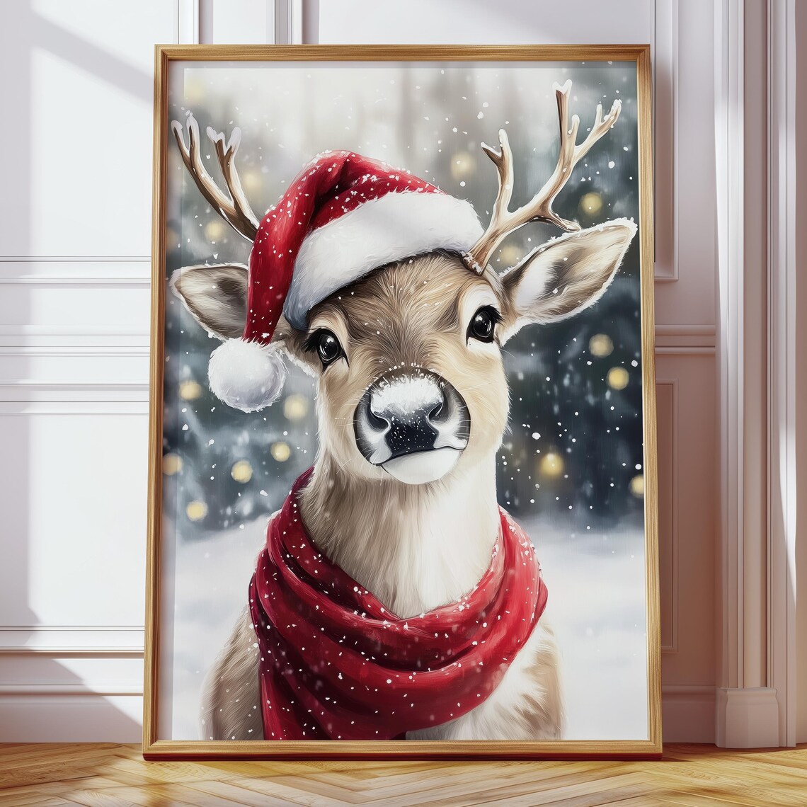 Cute Reindeer in Santa Hat and Red Scarf Christmas Portrait Poster