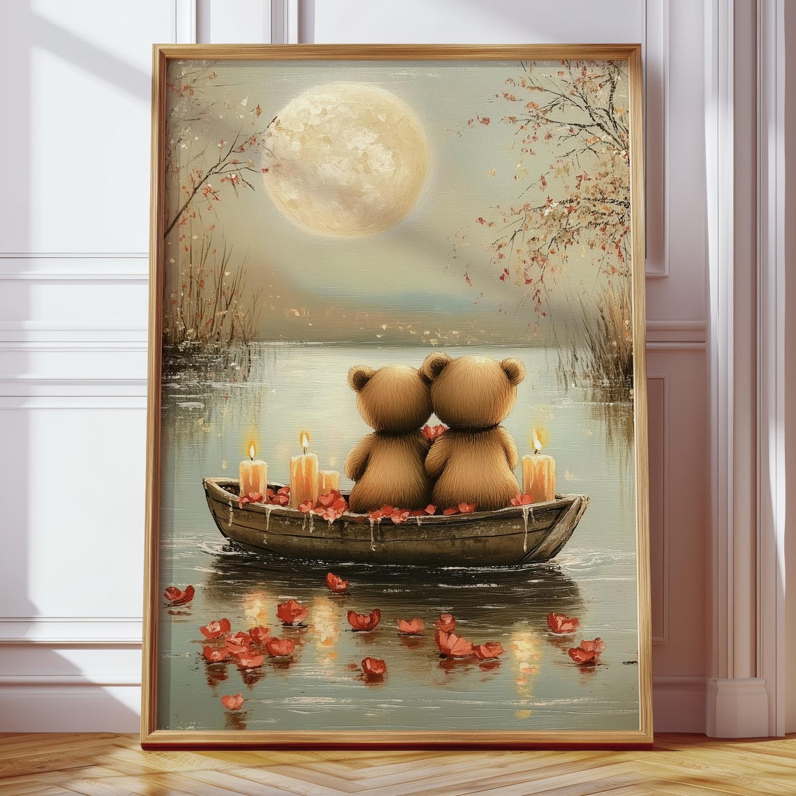 Two Teddy Bears in Rowboat on Moonlit Lake Romantic Art Poster - Image 4