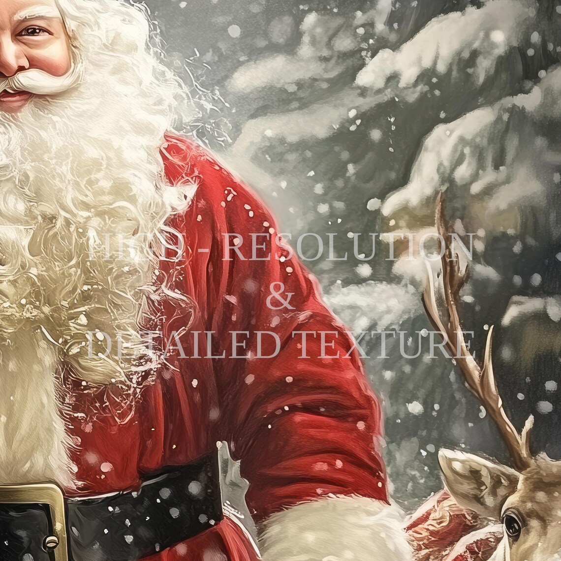 Santa Claus Walking with Reindeer in Snow Christmas Art Poster - Image 2