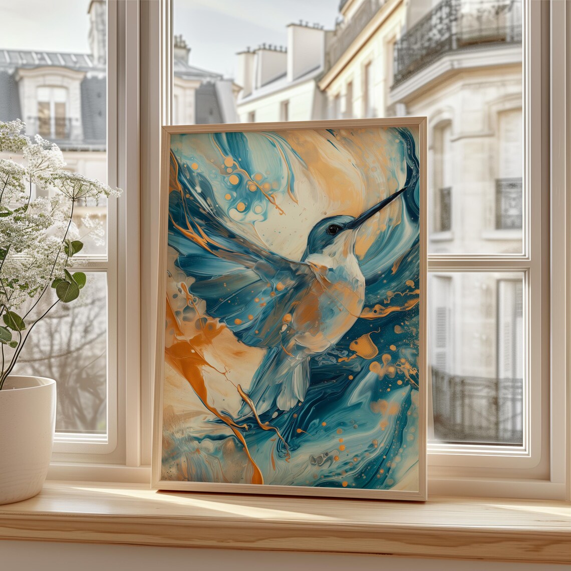 Kingfisher Bird in Blue and Gold Swirling Abstract Art Poster - Image 2