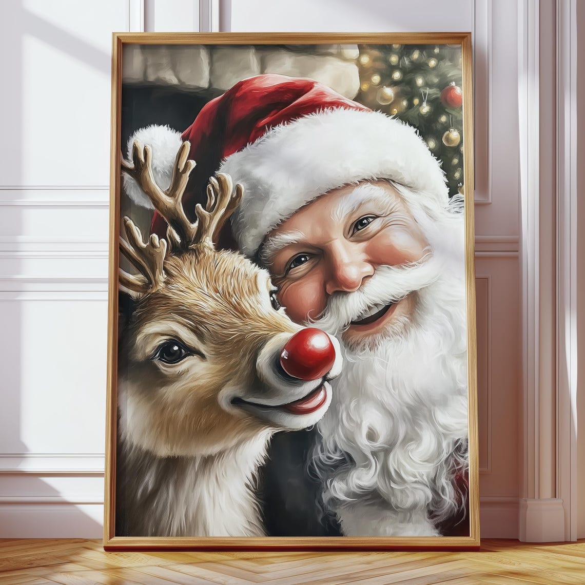 Santa Reindeer Oil Painting Art Print Vintage Wall Art Christmas Holiday Decor Santa And Red Nose Reindeer Xmas Holiday Art Print - Image 4
