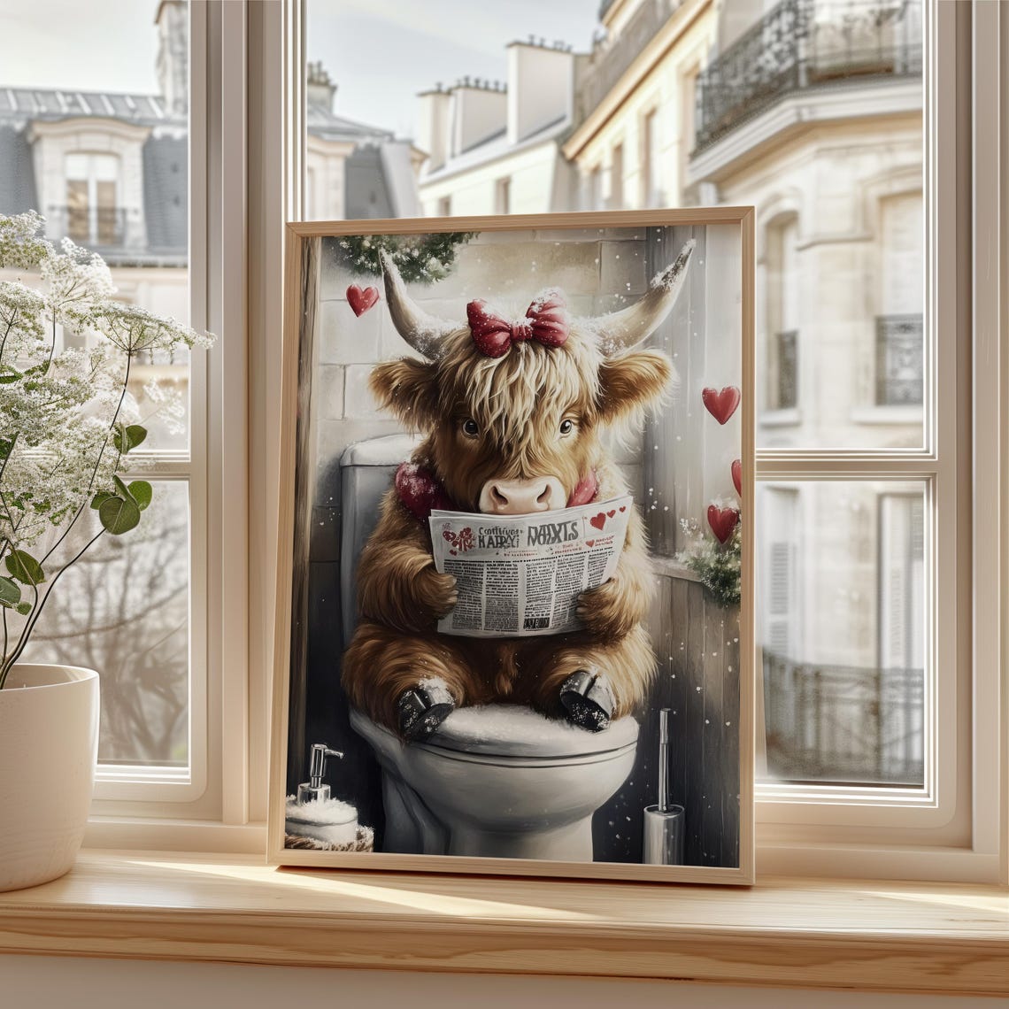 Highland Cow Reading Newspaper on Toilet Funny Bathroom Poster - Image 3