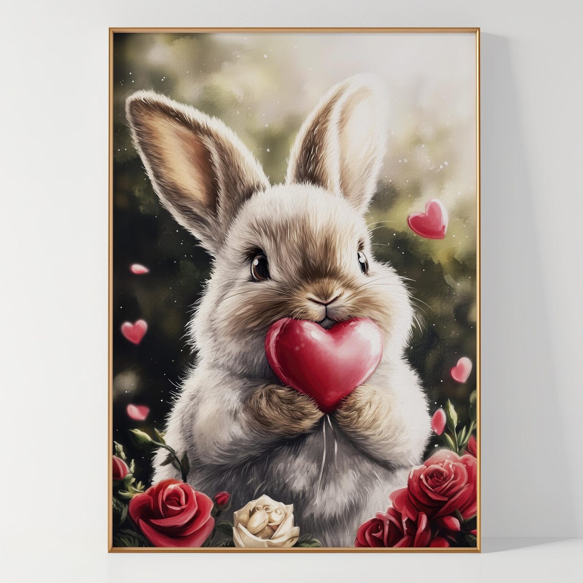 Fluffy Bunny Holding Red Heart Among Roses Valentine Art Poster