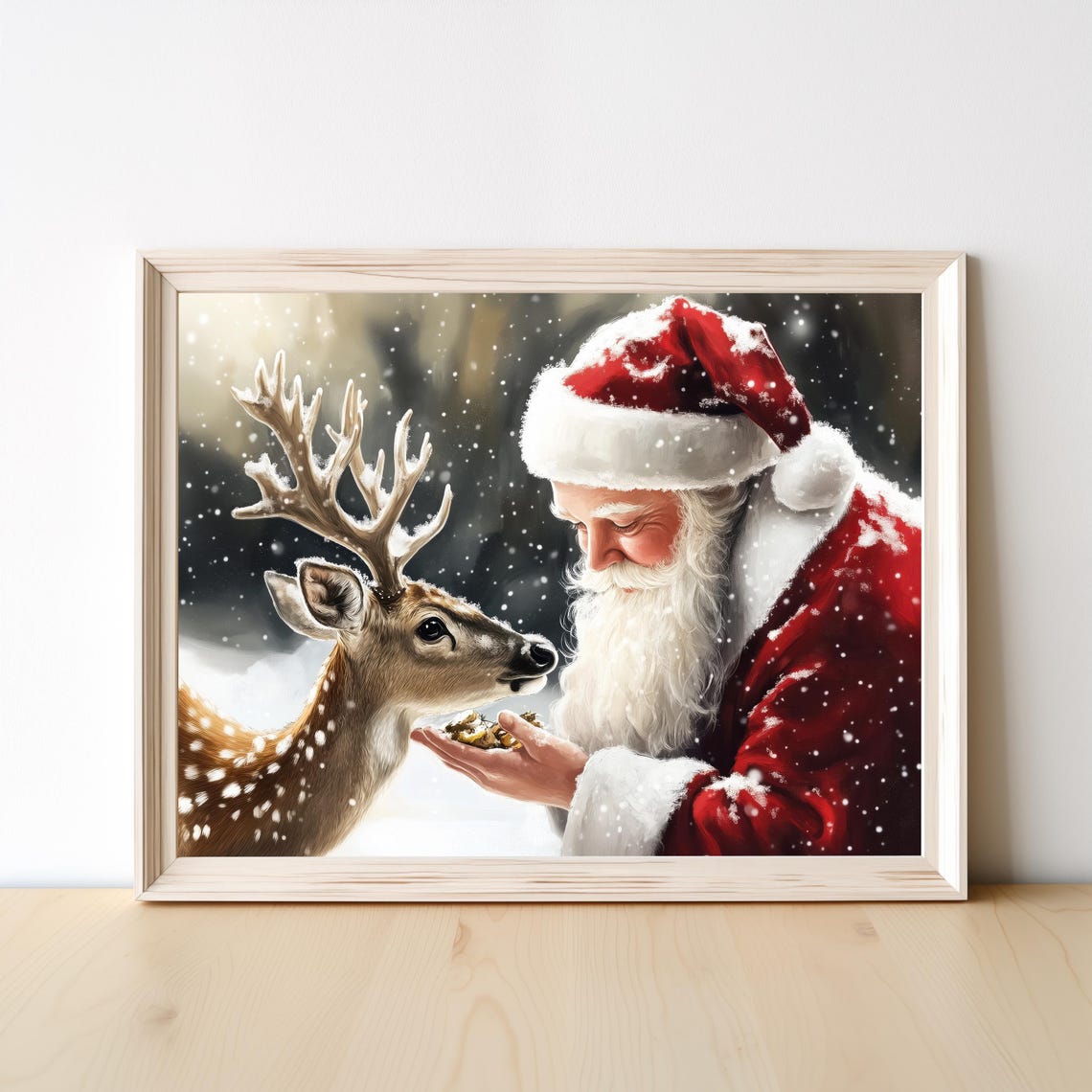 Santa Claus Hand Feeding a Gentle Deer in Falling Snow Poster - Image 4