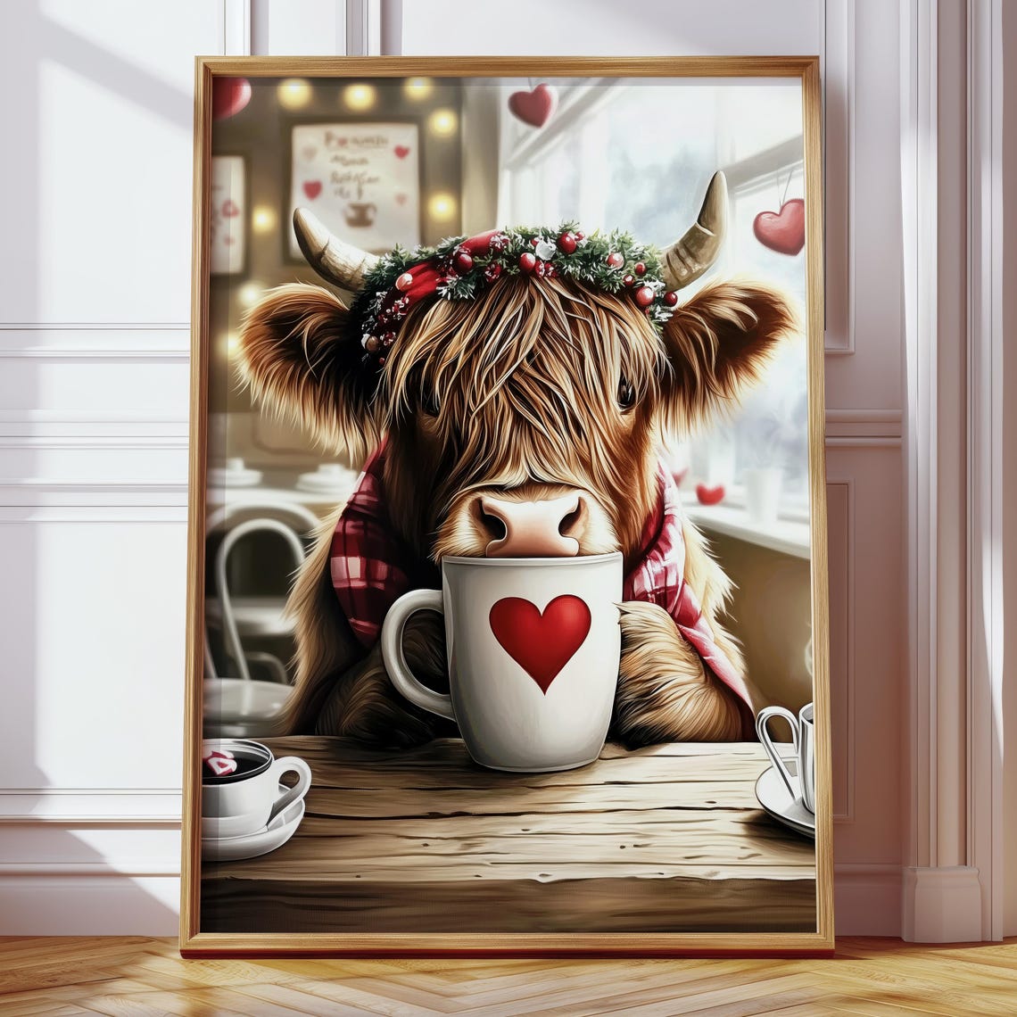 Highland Cow Berry Crown Sipping Hot Cocoa in Cozy Cafe Poster - Image 4