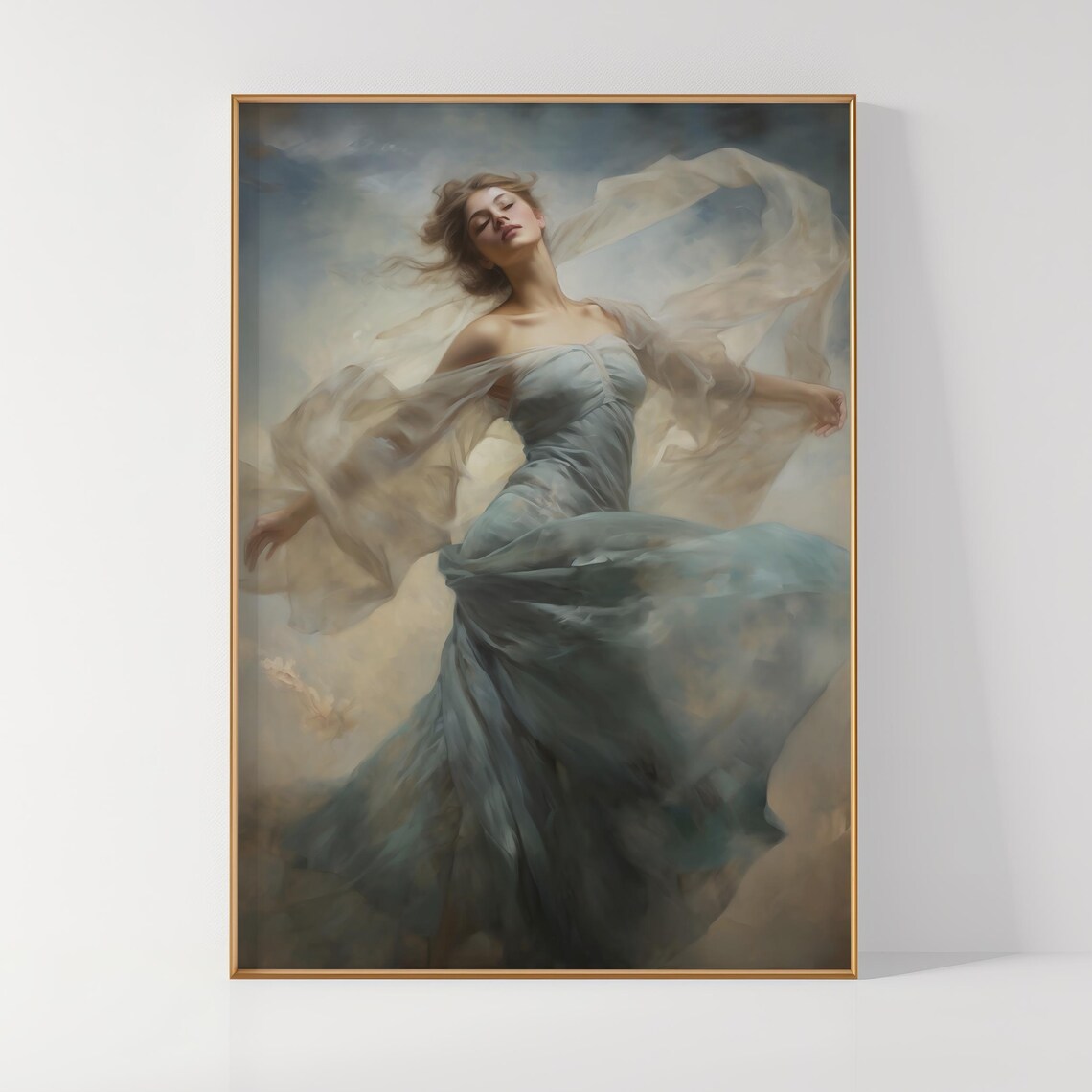 Woman Dancing in Flowing Blue Dress Ethereal Art Painting Poster