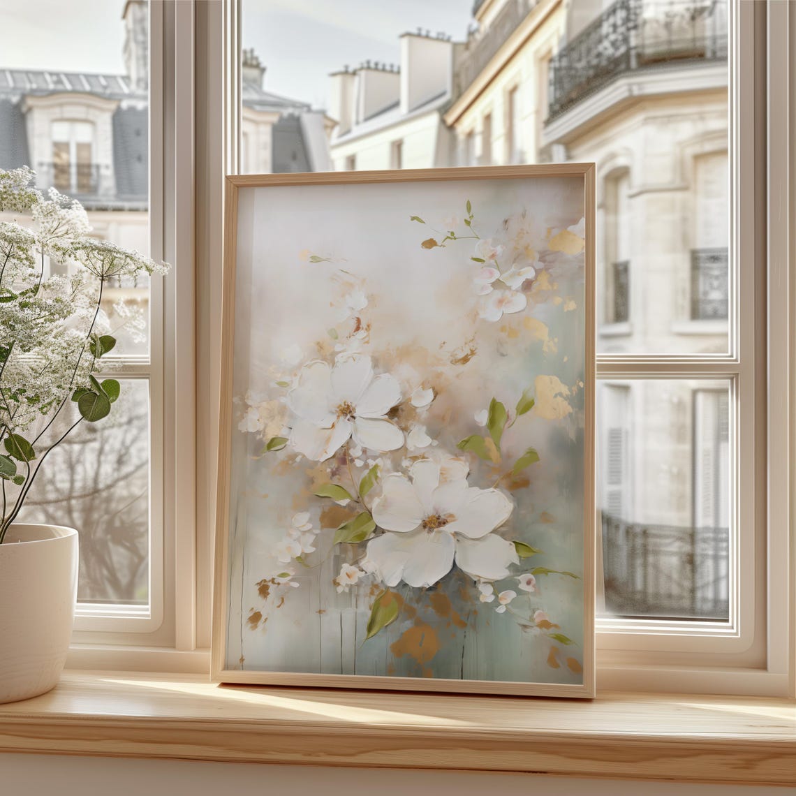 White Blossoms on Branches Soft Abstract Floral Painting Poster - Image 2