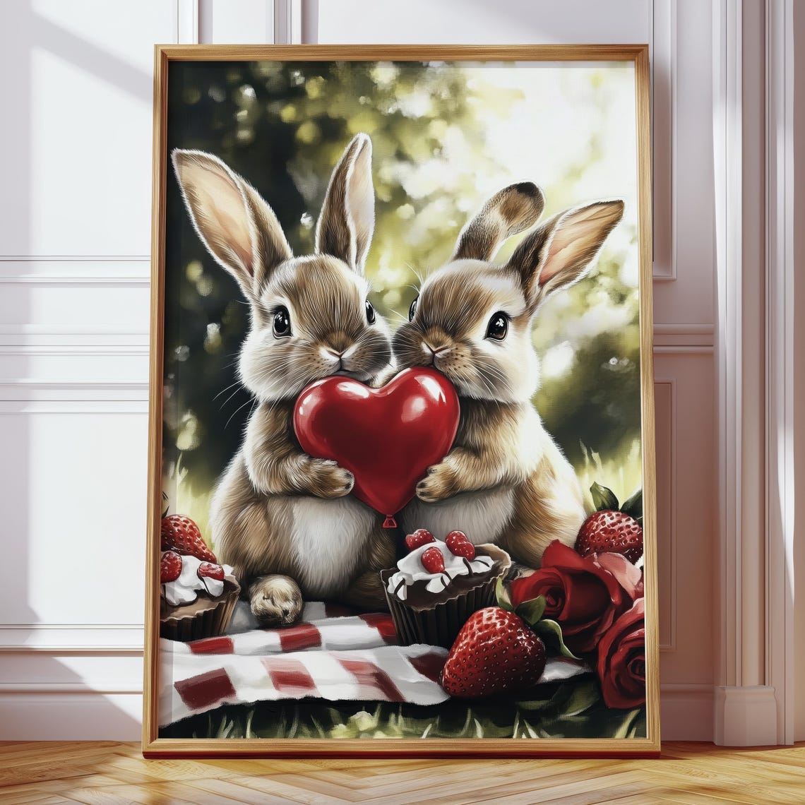 Two Bunnies Sharing Heart Balloon Strawberry Picnic Art Poster - Image 4