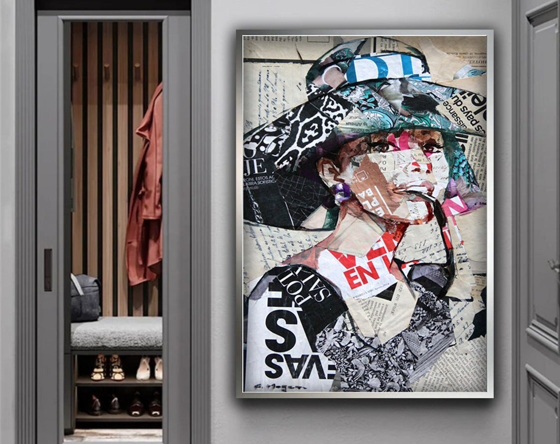 Audrey Hepburn Collage Portrait Wide Brim Hat Newspaper Art Poster