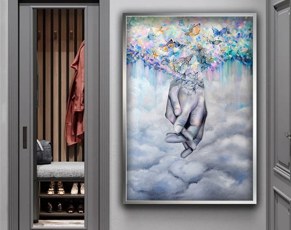 Couple Holding Hands Art Colorful Butterflies Print Two Hands Above The Clouds Wall Art Love Couples Modern Art