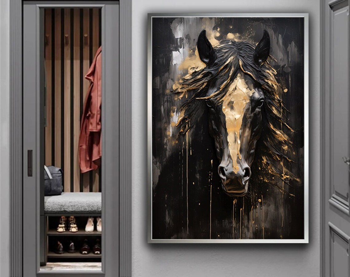 Noble Black Horse Portrait Gold Accents Dark Moody Animal Poster
