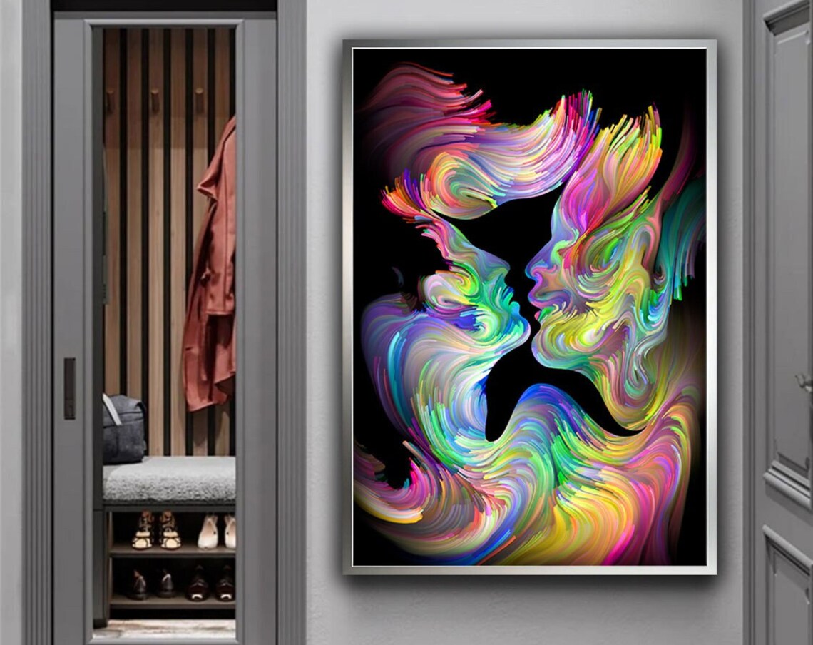 Abstract Kissing Couple Colorful Smoke Faces Black Background Love Poster