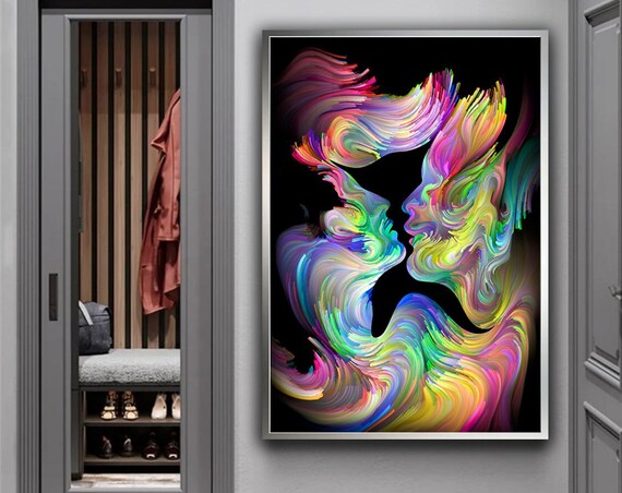 Abstract Kissing Couple Colorful Smoke Faces Black Background Love Poster