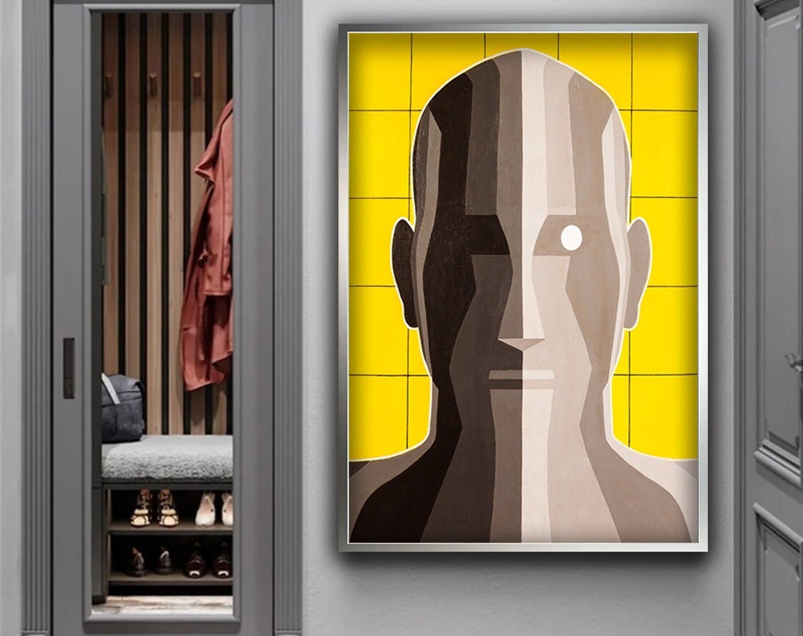 Bold Yellow Cubist Man Face Geometric Modern Portrait Wall Art