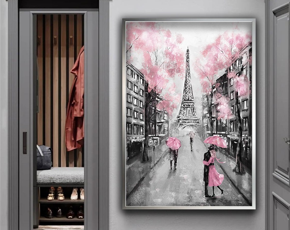Paris Eiffel Tower Rainy Street Pink Umbrellas Romantic Poster