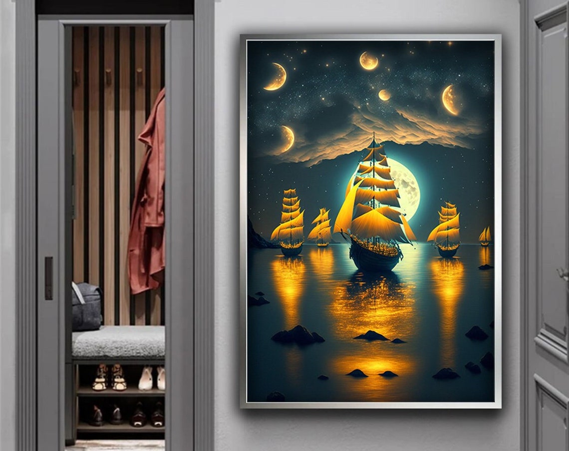Tall Ships Under Multiple Moons Golden Night Sea Fantasy Art Poster