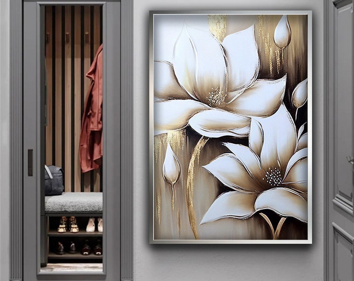 White Magnolia Flowers with Gold Accents on Neutral Beige Art Poster