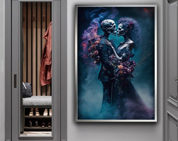 Skeleton Couple Wall Art Hugging Couple Skull Print Skeleton Hug Painting Gothic Skeleton Art Print Love Gift Skull Art
