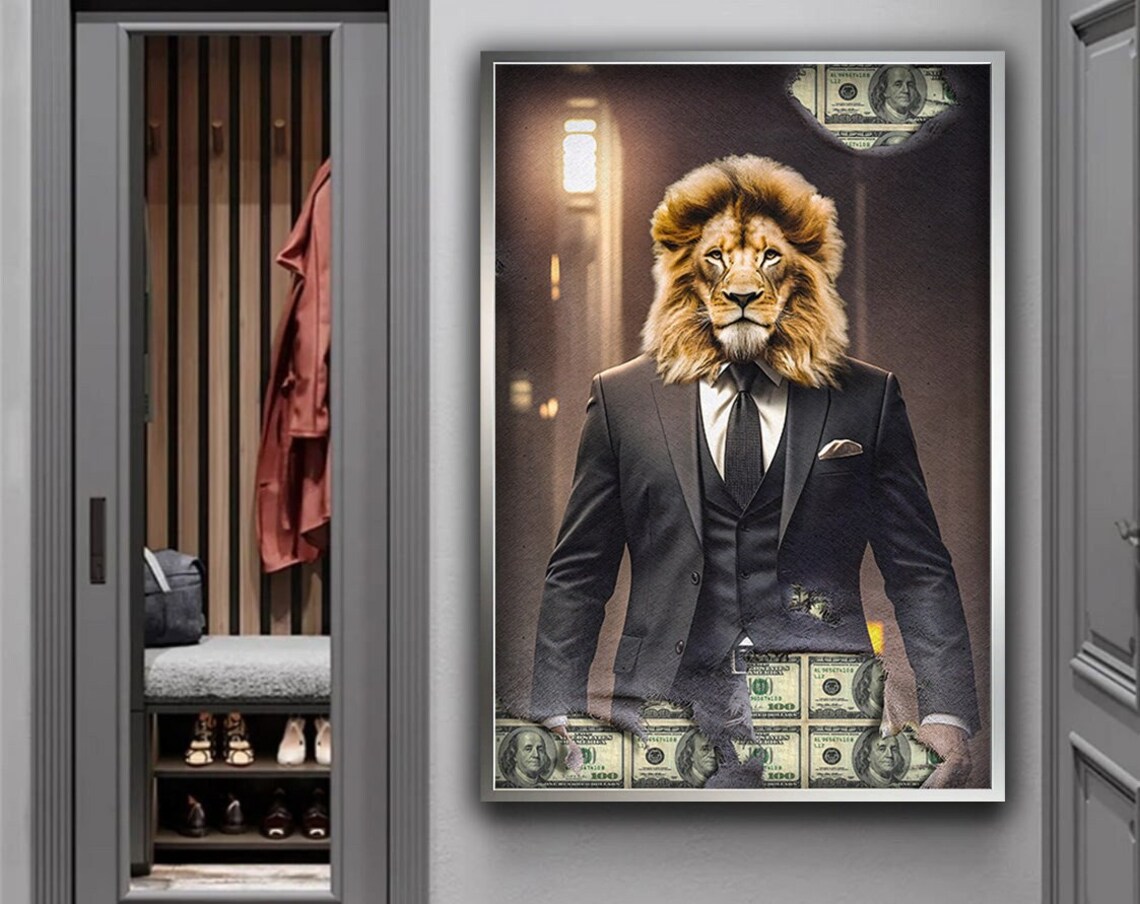 Lion In Business Suit Money Boss Torn Poster Motivational Animal Art Poster
