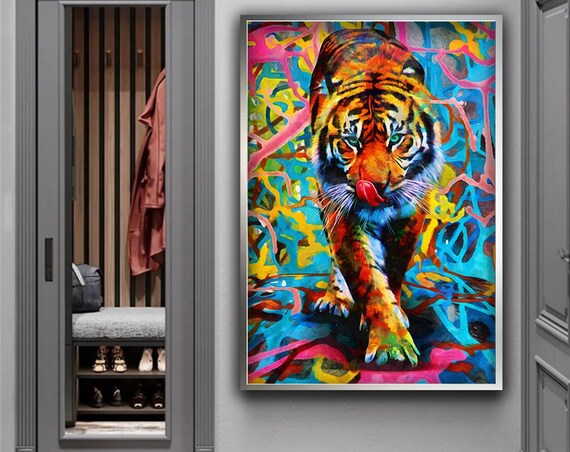 Colorful Tiger Walking Neon Psychedelic Background Pop Art Animal Poster
