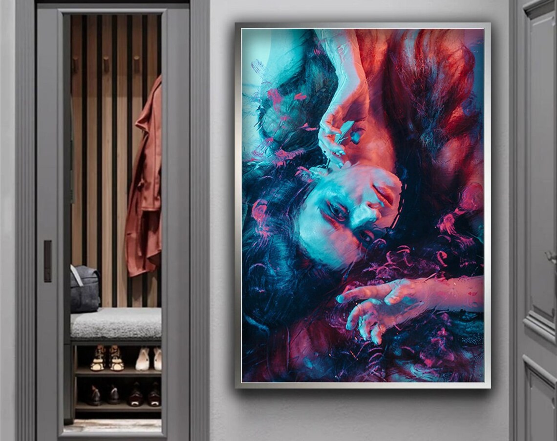 Woman Underwater Dark Hair Red Blue Light Dreamy Portrait Art Wall Poster