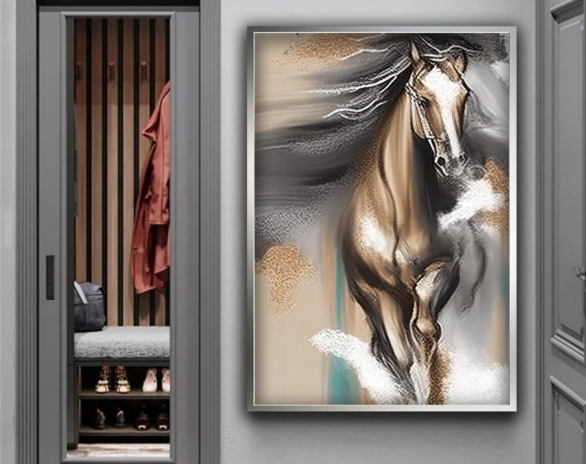 Golden Running Horse Abstract Wild Mane Equine Wall Art Poster