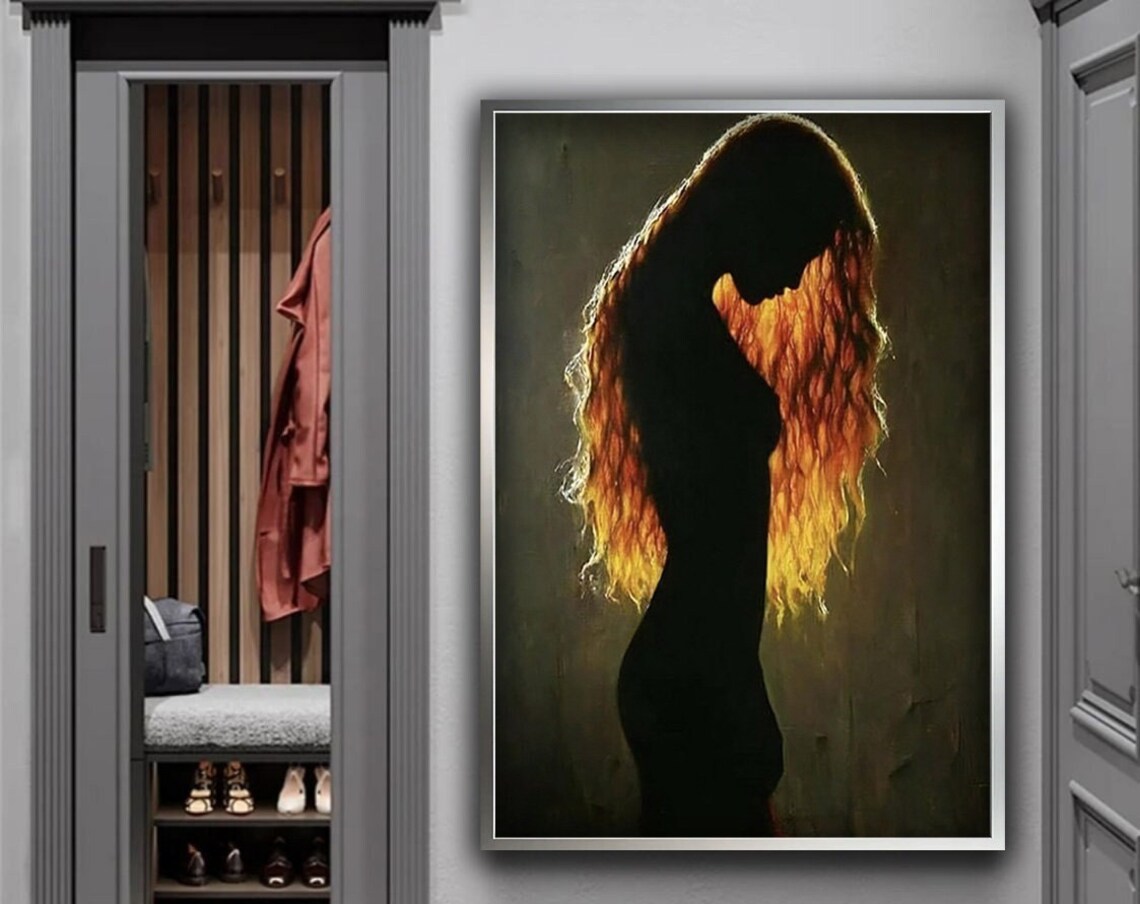 Fiery Red Hair Woman Silhouette Dark Romantic Art Wall Print