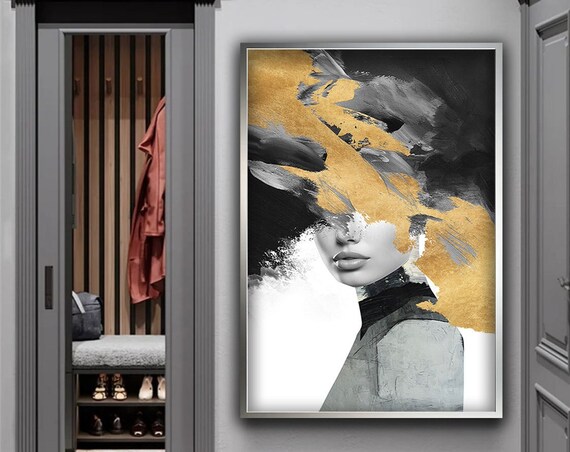 Abstract Woman Portrait in Black Gold and White Bold Brushwork Poster