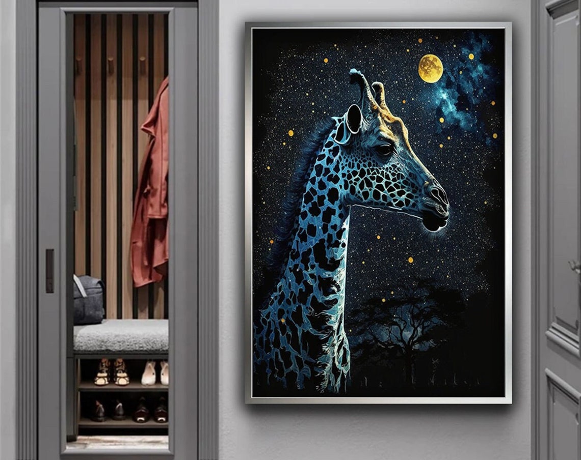 Glowing Giraffe Under Starry Night Sky Full Moon Dreamy Wall Poster