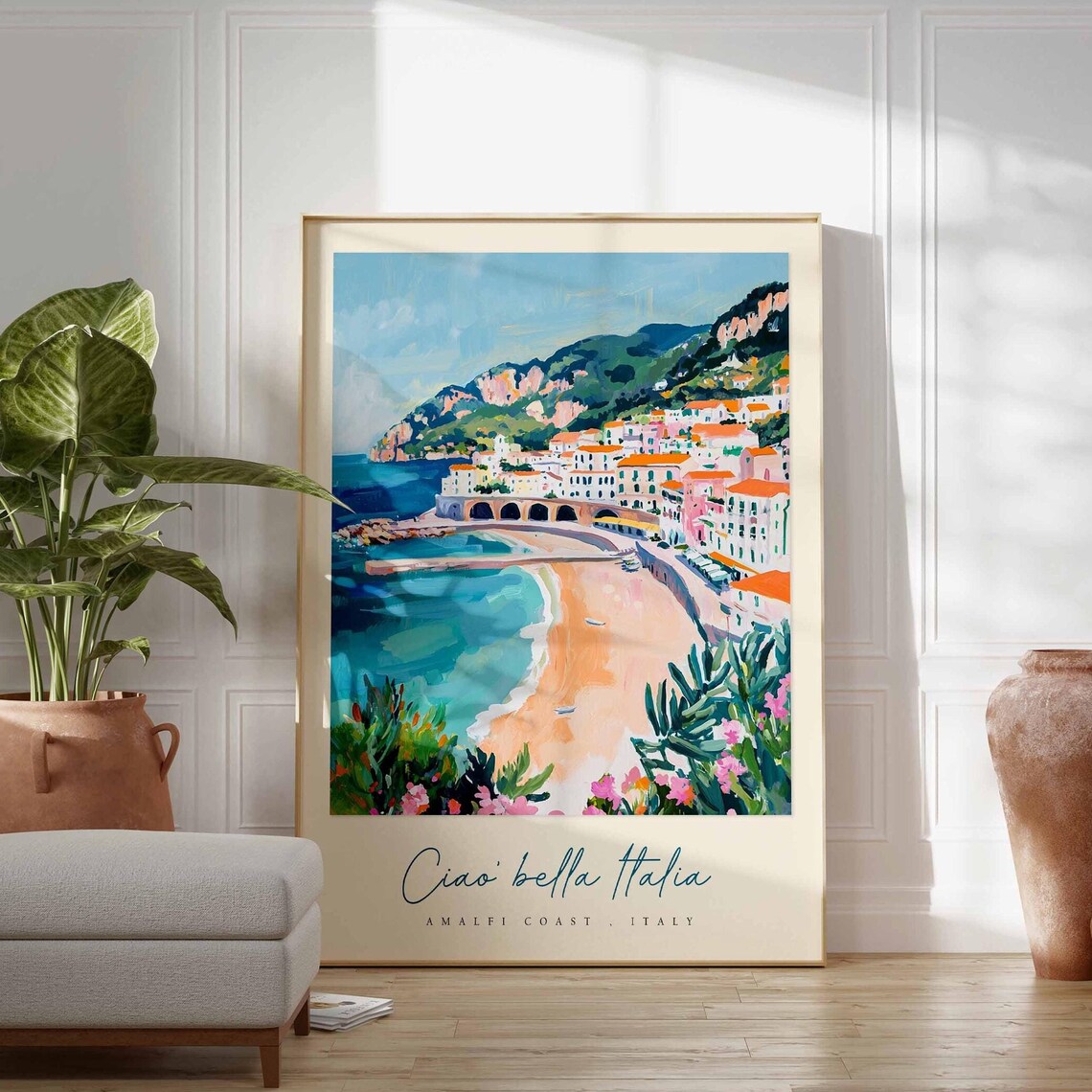 Amalfi Coast Curved Beach Arches Town Floral Travel Art Poster - Image 3