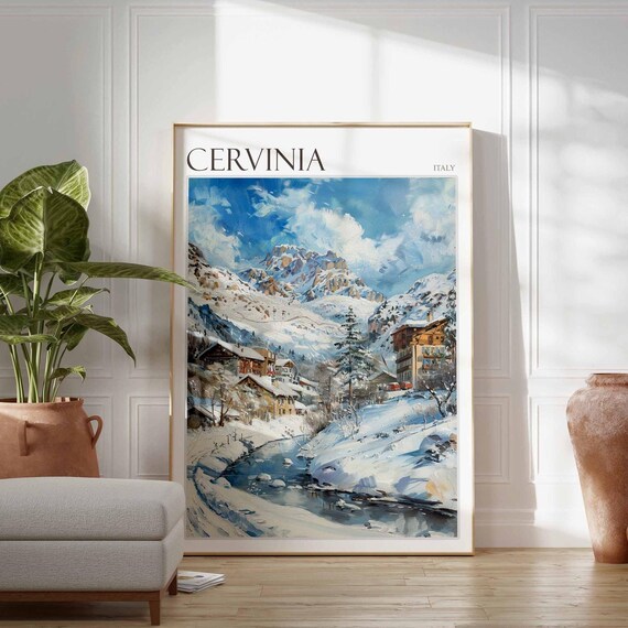 Cervinia Italy Vintage Ski Resort Snowy Village Riverside Scene Poster