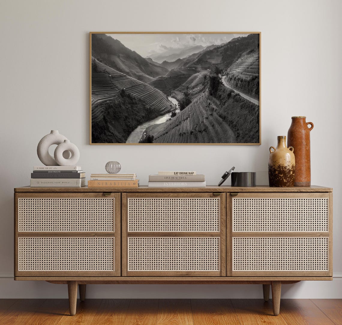 Vietnam Terraced Rice Fields Black and White Mountain Valley Poster - Image 4